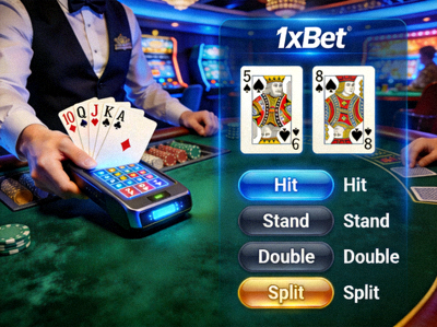 1xBet 電子版二十一點遊戲桌，展示發牌與玩家決策選項